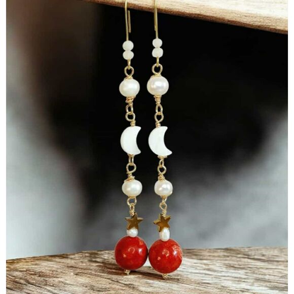 Long Statement Freshwater Pearl, Apple Coral, Seashells, Moons, & Stars Earrings - Picture 1 of 8